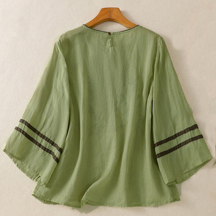 T-shirt da donna a maniche a tre quarti con ricamo floreale retrò Buddha Stones. - image 17