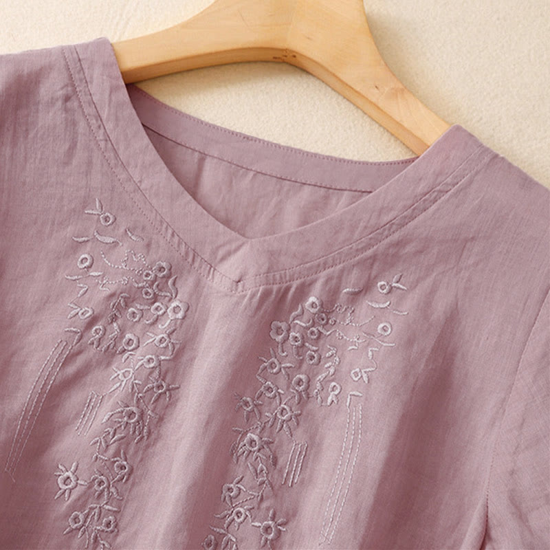 Camicia da donna casual con scollo a V e ricami floreali, modello Buddha Stones, a maniche corte e vestibilità ampia. - image 7