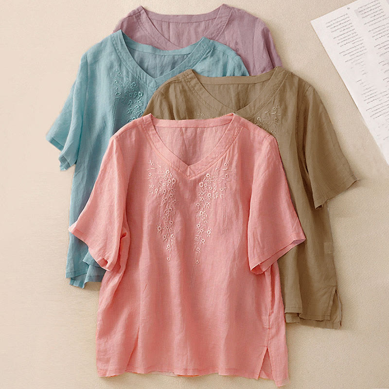 Camicia da donna casual con scollo a V e ricami floreali, modello Buddha Stones, a maniche corte e vestibilità ampia. - image 27