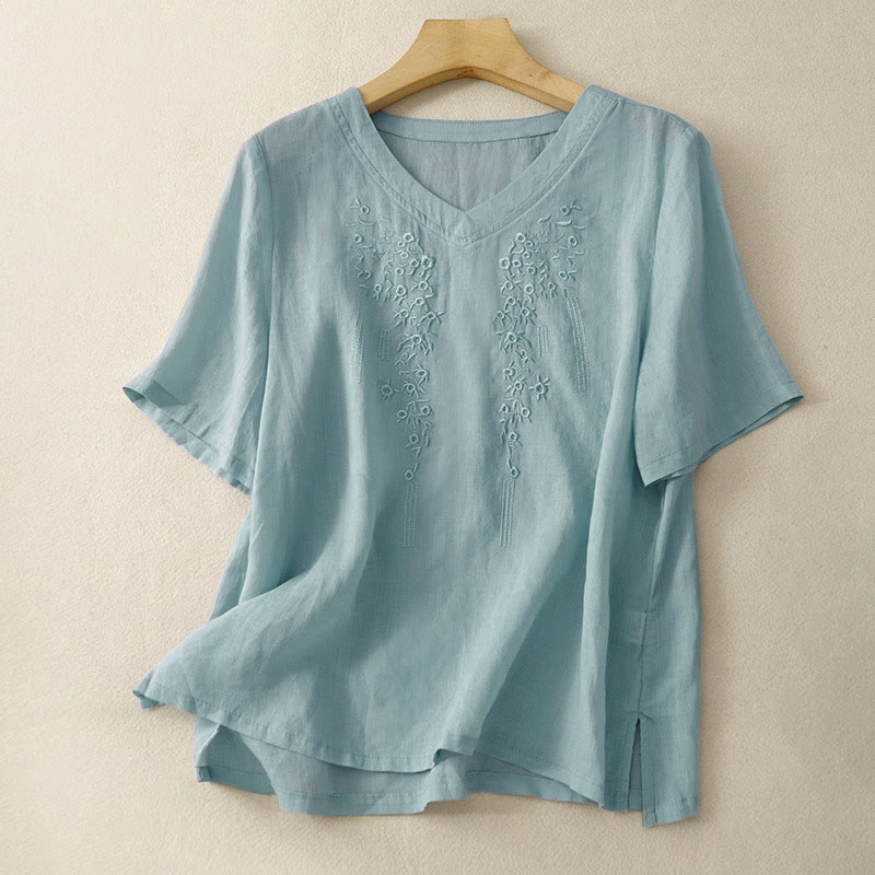 Camicia da donna casual con scollo a V e ricami floreali, modello Buddha Stones, a maniche corte e vestibilità ampia. - Azzurro chiaro - US8-10, UK/AU12-14, EU40-42 (2XL) - image 21