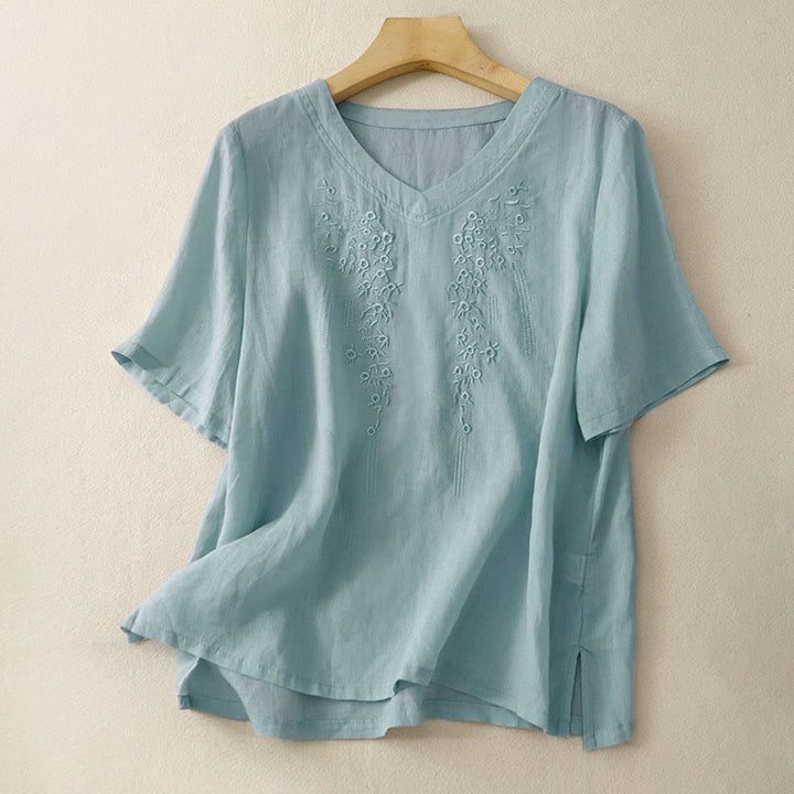 Camicia da donna casual con scollo a V e ricami floreali, modello Buddha Stones, a maniche corte e vestibilità ampia. - Azzurro chiaro - US8-10, UK/AU12-14, EU40-42 (2XL) - image 21