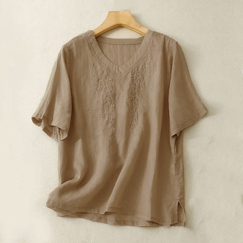 Camicia da donna casual con scollo a V e ricami floreali, modello Buddha Stones, a maniche corte e vestibilità ampia. - Tan - US8-10, UK/AU12-14, EU40-42 (2XL) - image 12