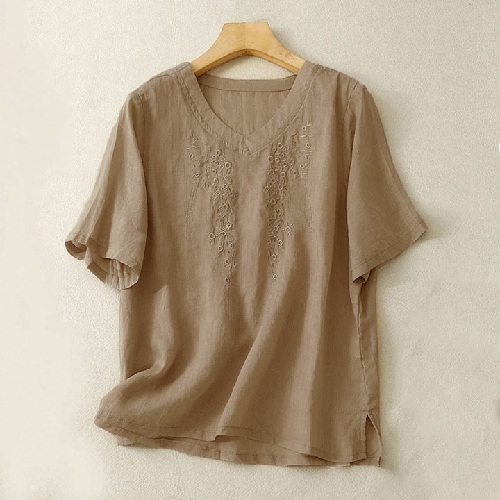 Camicia da donna casual con scollo a V e ricami floreali, modello Buddha Stones, a maniche corte e vestibilità ampia. - Tan - US8-10, UK/AU12-14, EU40-42 (2XL) - image 12