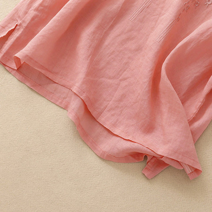 Camicia da donna casual con scollo a V e ricami floreali, modello Buddha Stones, a maniche corte e vestibilità ampia. - image 4