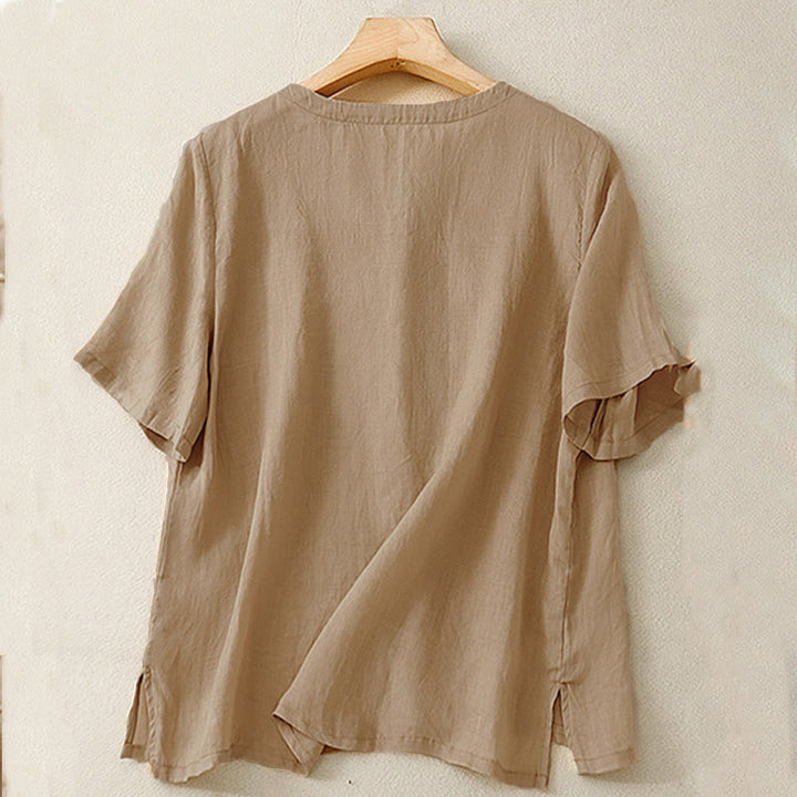 Camicia da donna casual con scollo a V e ricami floreali, modello Buddha Stones, a maniche corte e vestibilità ampia. - image 13