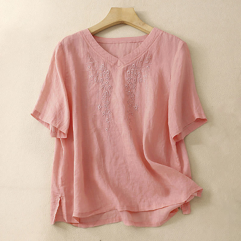 Camicia da donna casual con scollo a V e ricami floreali, modello Buddha Stones, a maniche corte e vestibilità ampia. - Salmone scuro - US8-10, UK/AU12-14, EU40-42 (2XL) - image 0