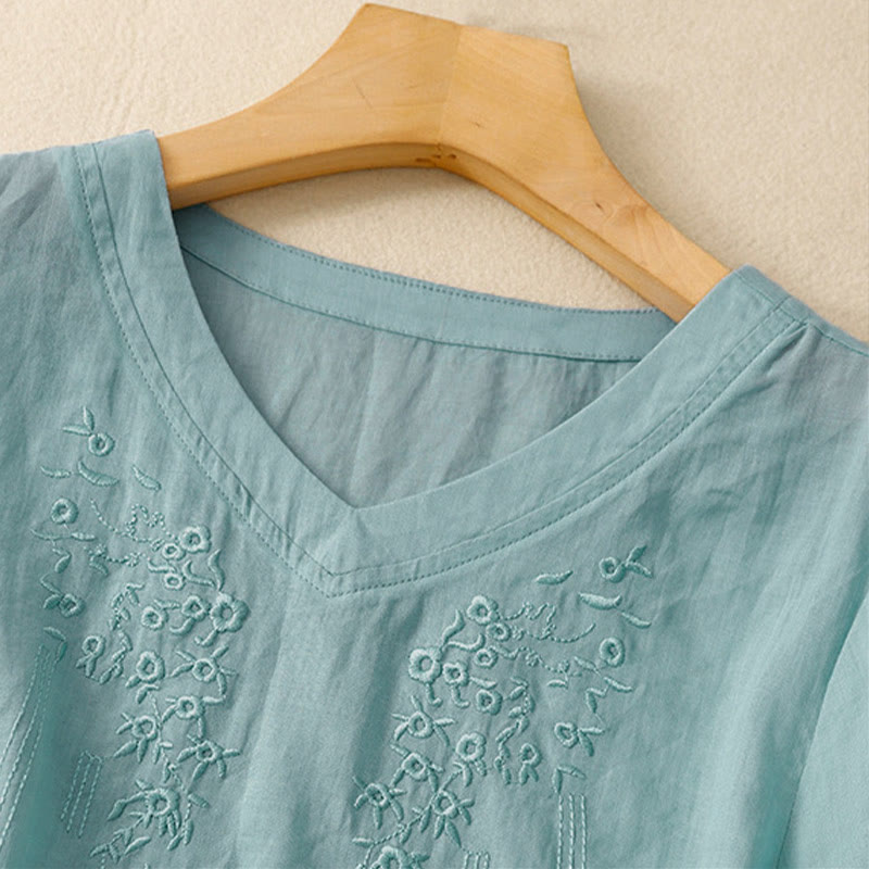 Camicia da donna casual con scollo a V e ricami floreali, modello Buddha Stones, a maniche corte e vestibilità ampia. - image 22