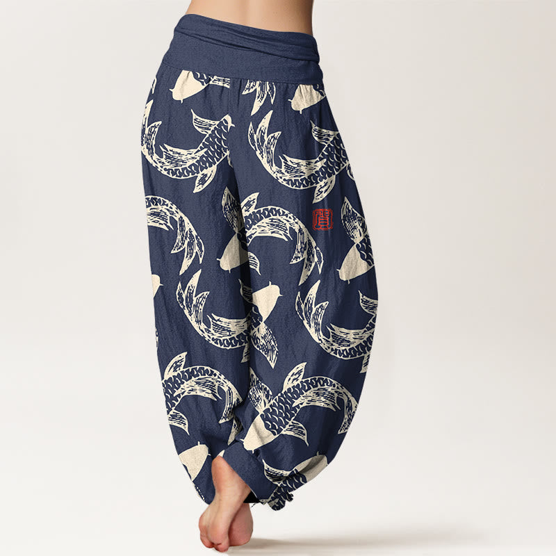 Pantaloni harem da donna con elastico in vita, in puro cotone, con motivo a pesci koi che nuotano, Buddha Stones - image 1