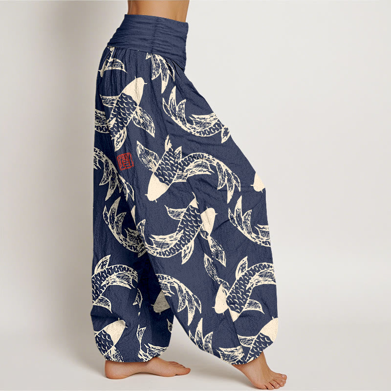 Pantaloni harem da donna con elastico in vita, in puro cotone, con motivo a pesci koi che nuotano, Buddha Stones - image 2