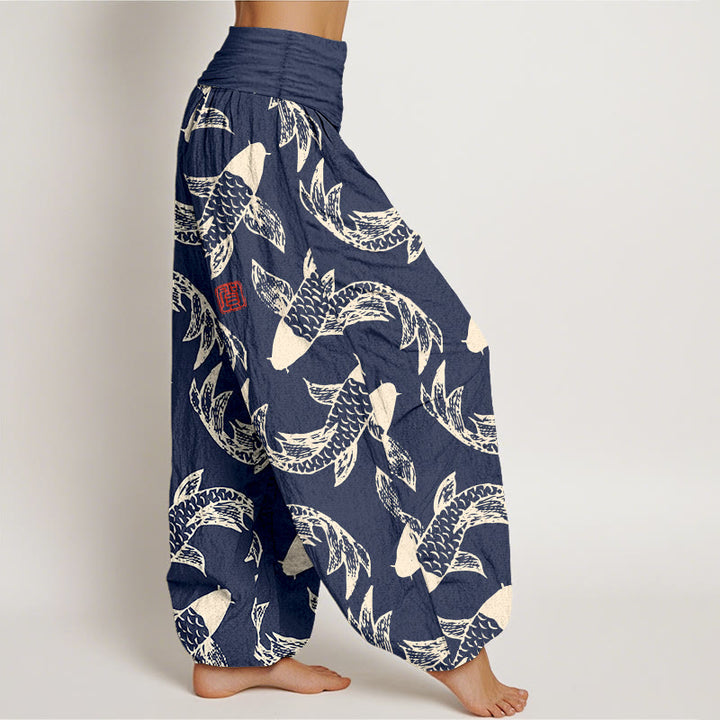 Pantaloni harem da donna con elastico in vita, in puro cotone, con motivo a pesci koi che nuotano, Buddha Stones - image 2