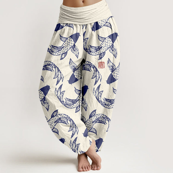 Pantaloni harem da donna con elastico in vita, in puro cotone, con motivo a pesci koi che nuotano, Buddha Stones - Biancheria - US16, UK/AU20, EU48 (3XL) - image 5