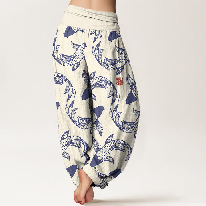 Pantaloni harem da donna con elastico in vita, in puro cotone, con motivo a pesci koi che nuotano, Buddha Stones - image 6
