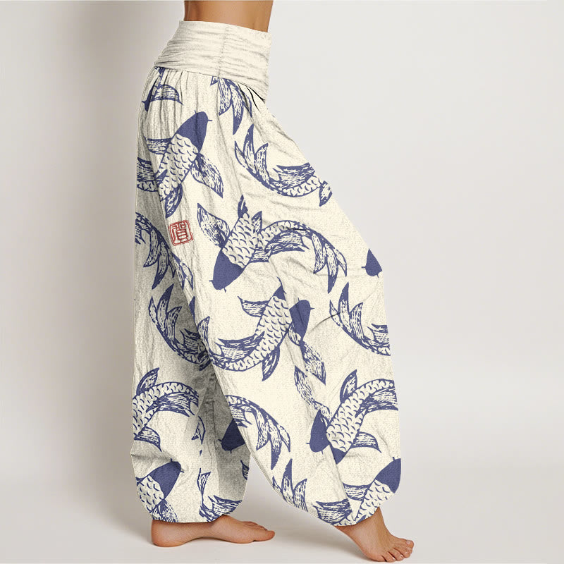 Pantaloni harem da donna con elastico in vita, in puro cotone, con motivo a pesci koi che nuotano, Buddha Stones - image 7
