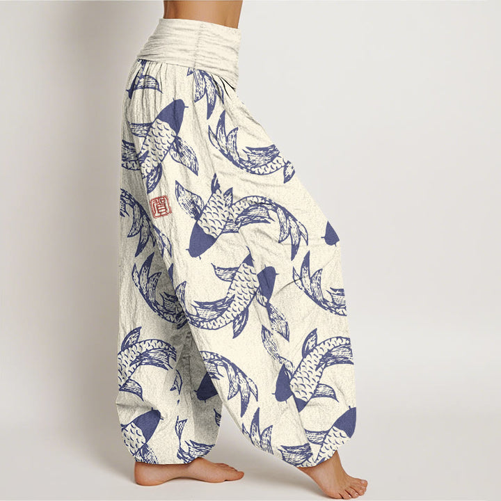 Pantaloni harem da donna con elastico in vita, in puro cotone, con motivo a pesci koi che nuotano, Buddha Stones - image 7