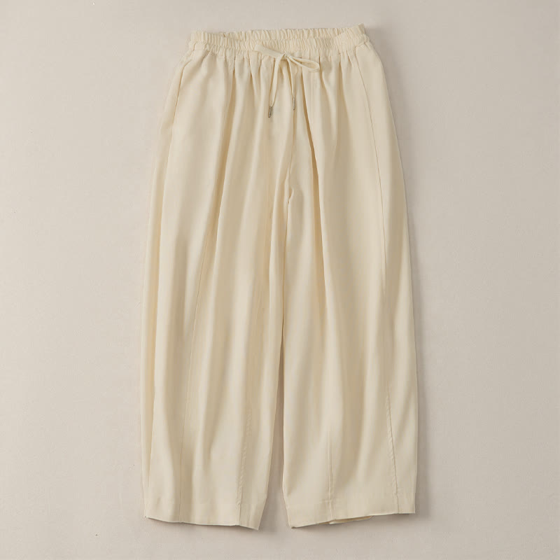 Buddha Stones Pantaloni corti estivi casual semplici con coulisse in cotone e lino tinta unita da donna, modello harem con tasca - image 3