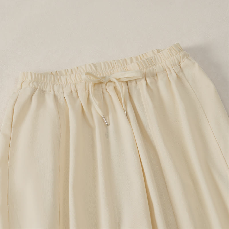 Buddha Stones Pantaloni corti estivi casual semplici con coulisse in cotone e lino tinta unita da donna, modello harem con tasca - image 1