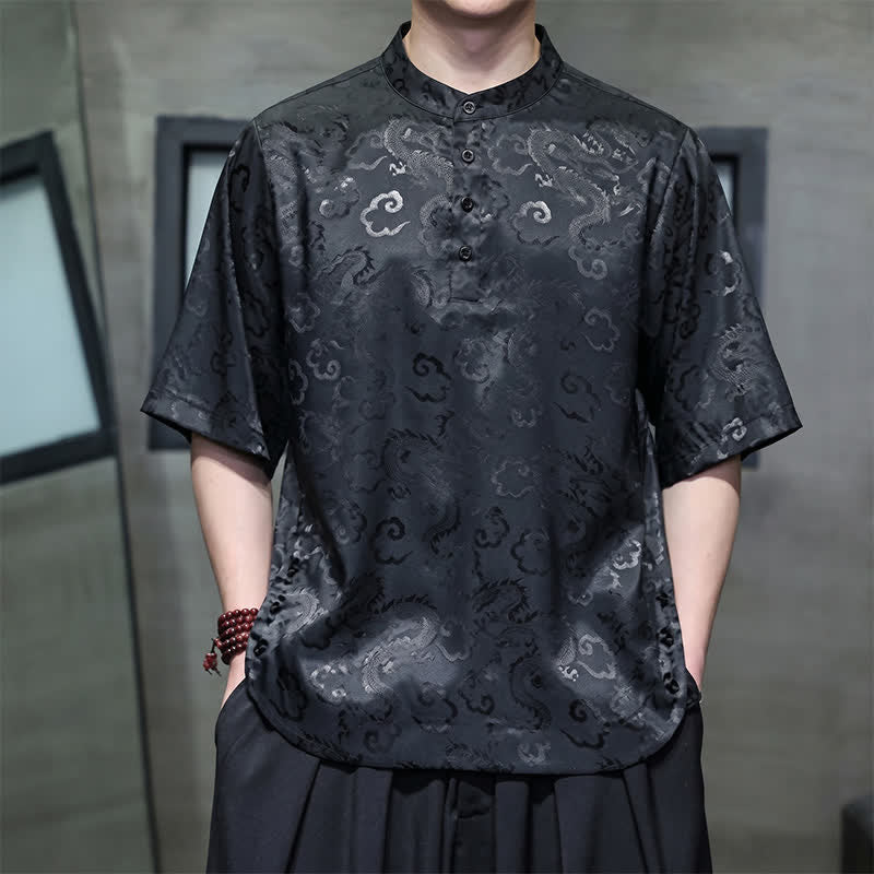 Buddha Stones Camicia da uomo a maniche corte, stile Tang vintage estivo, con colletto alla coreana e motivo drago e nuvole. - Nero - US/UK/AU46, EU56 (5XL) - image 0