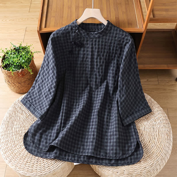 Buddha Stones Camicie da donna casual primavera/estate con colletto alla coreana, a quadri neri, lunghezza al gomito, stile Tang. - Grigio ardesia scuro - US8-10, UK/AU12-14, EU40-42 (2XL) - image 0