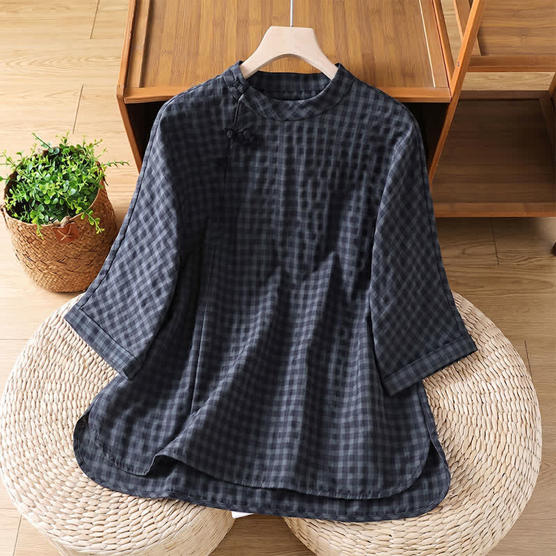 Camicia da donna a maniche a tre quarti, stile Tang, con colletto alla coreana e stampa Buddha Stones, casual, primavera/estate, a quadri neri. - Grigio ardesia scuro - US8-10, UK/AU12-14, EU40-42 (2XL) - image 0