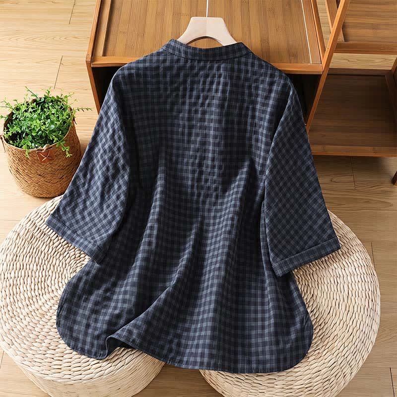 Camicia da donna a maniche a tre quarti, stile Tang, con colletto alla coreana e stampa Buddha Stones, casual, primavera/estate, a quadri neri. - image 1