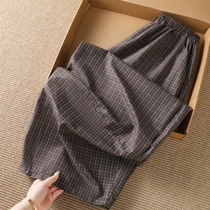 Buddha Stones Pantaloni corti da donna a gamba larga con tasche, casual, a quadri marroni, per primavera/estate. - image 1