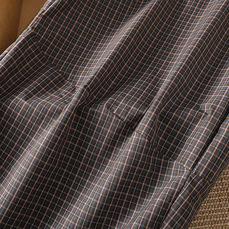 Buddha Stones Pantaloni corti da donna a gamba larga con tasche, casual, a quadri marroni, per primavera/estate. - image 8