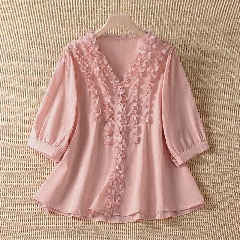 Buddha Stones Camicia da donna estiva casual ed elegante con scollo a V, maniche a tre quarti e volant, a strati. - Rosa chiaro - US8-10, UK/AU12-14, EU40-42 (XL) - image 0