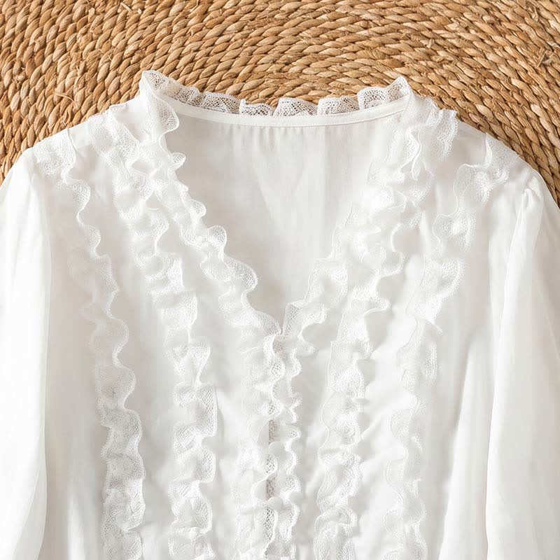 Buddha Stones Camicia da donna estiva casual ed elegante con scollo a V, maniche a tre quarti e volant, a strati. - image 26