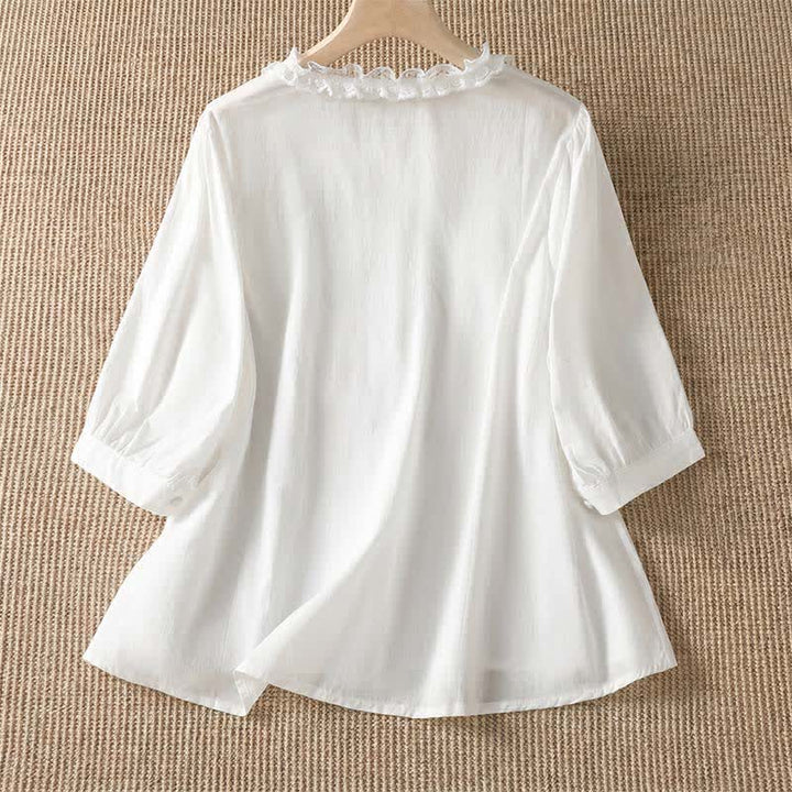 Buddha Stones Camicia da donna estiva casual ed elegante con scollo a V, maniche a tre quarti e volant, a strati. - image 25