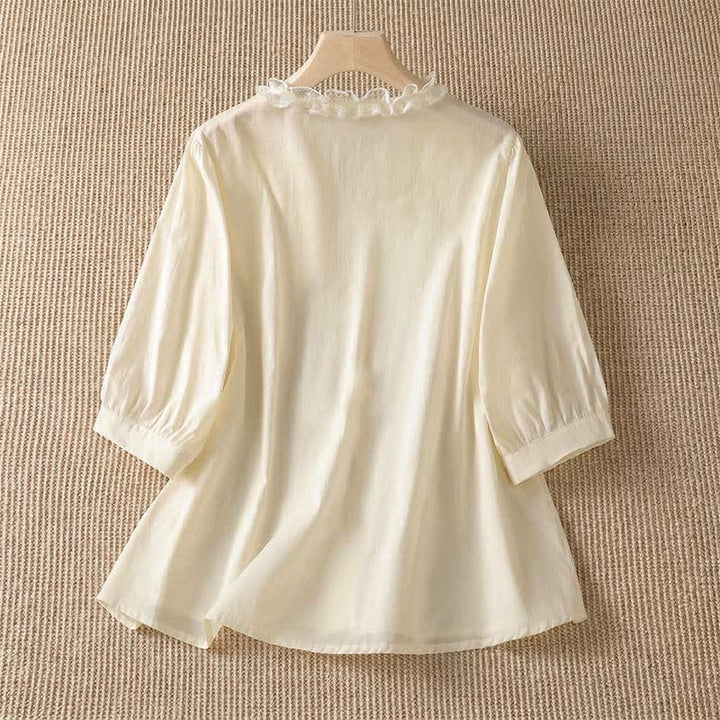Buddha Stones Camicia da donna estiva casual ed elegante con scollo a V, maniche a tre quarti e volant, a strati. - image 16