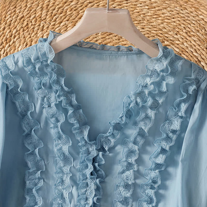 Buddha Stones Camicia da donna estiva casual ed elegante con scollo a V, maniche a tre quarti e volant, a strati. - image 11