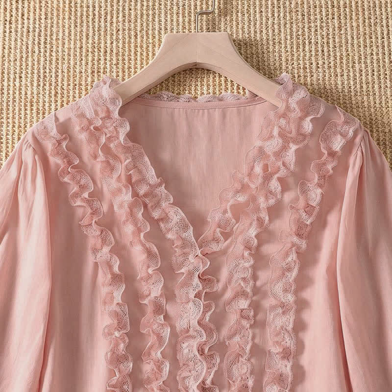 Buddha Stones Camicia da donna estiva casual ed elegante con scollo a V, maniche a tre quarti e volant, a strati. - image 3