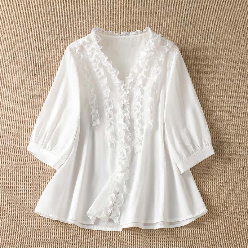 Buddha Stones Camicia da donna estiva casual ed elegante con scollo a V, maniche a tre quarti e volant, a strati. - Bianco - US8-10, UK/AU12-14, EU40-42 (XL) - image 24