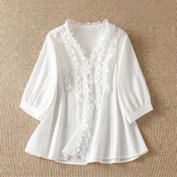 Buddha Stones Camicia da donna estiva casual ed elegante con scollo a V, maniche a tre quarti e volant, a strati. - Bianco - US8-10, UK/AU12-14, EU40-42 (XL) - image 24