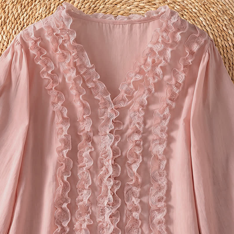 Buddha Stones Camicia da donna estiva casual ed elegante con scollo a V, maniche a tre quarti e volant, a strati. - image 5