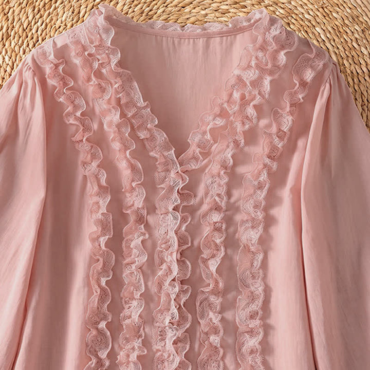 Buddha Stones Camicia da donna estiva casual ed elegante con scollo a V, maniche a tre quarti e volant, a strati. - image 5