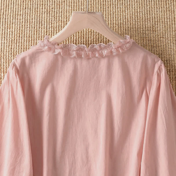 Buddha Stones Camicia da donna estiva casual ed elegante con scollo a V, maniche a tre quarti e volant, a strati. - image 4