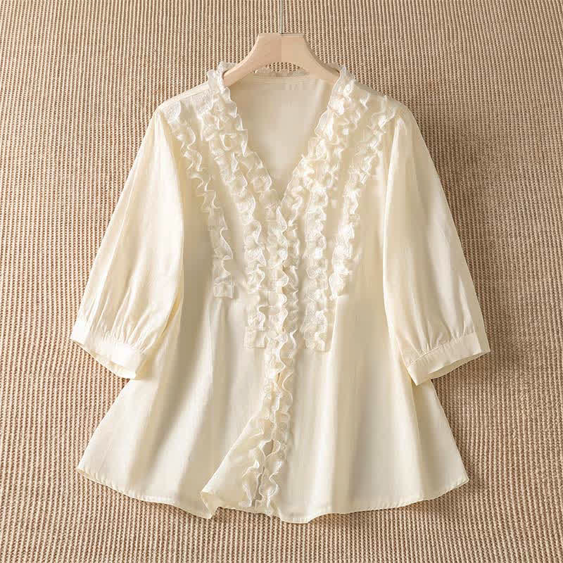 Buddha Stones Camicia da donna estiva casual ed elegante con scollo a V, maniche a tre quarti e volant, a strati. - Beige - US8-10, UK/AU12-14, EU40-42 (XL) - image 15