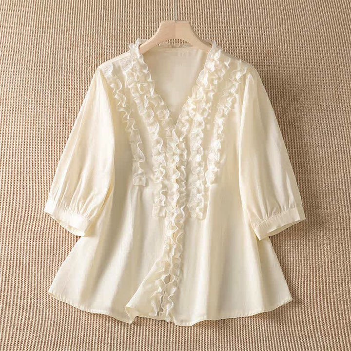 Buddha Stones Camicia da donna estiva casual ed elegante con scollo a V, maniche a tre quarti e volant, a strati. - Beige - US8-10, UK/AU12-14, EU40-42 (XL) - image 15