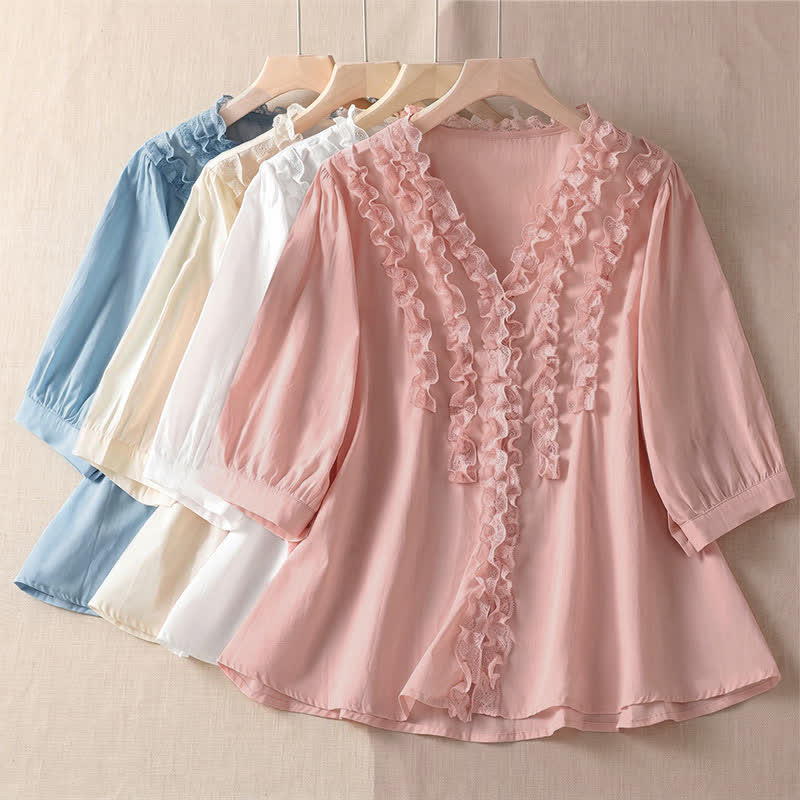 Buddha Stones Camicia da donna estiva casual ed elegante con scollo a V, maniche a tre quarti e volant, a strati. - image 31