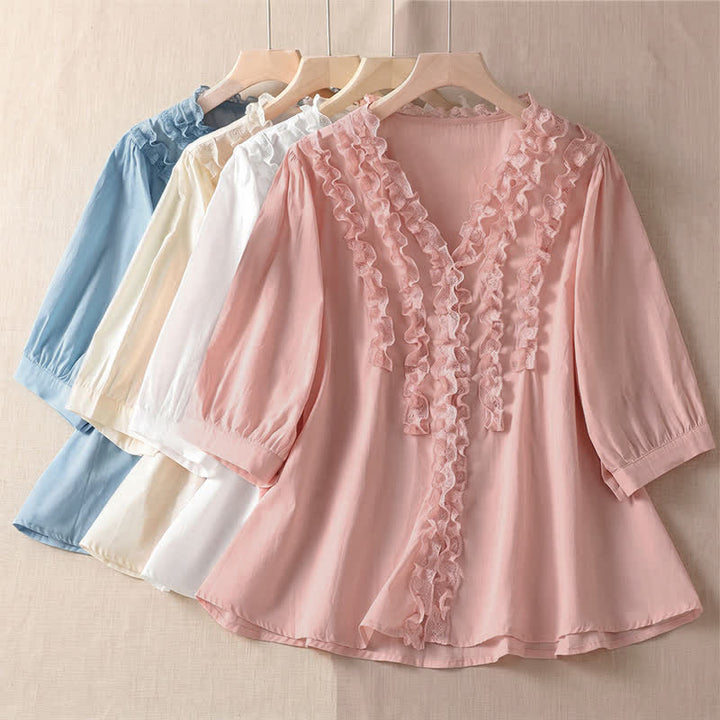 Buddha Stones Camicia da donna estiva casual ed elegante con scollo a V, maniche a tre quarti e volant, a strati. - image 31