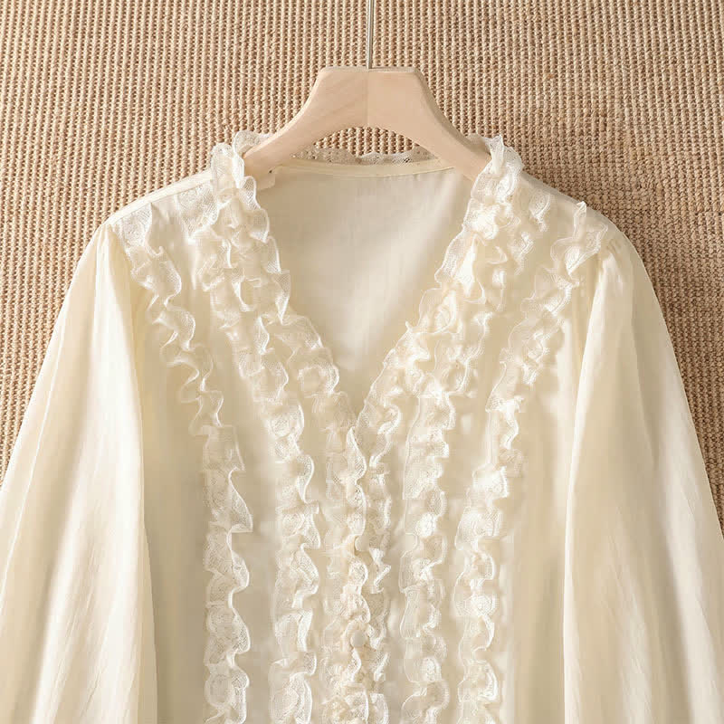 Buddha Stones Camicia da donna estiva casual ed elegante con scollo a V, maniche a tre quarti e volant, a strati. - image 17