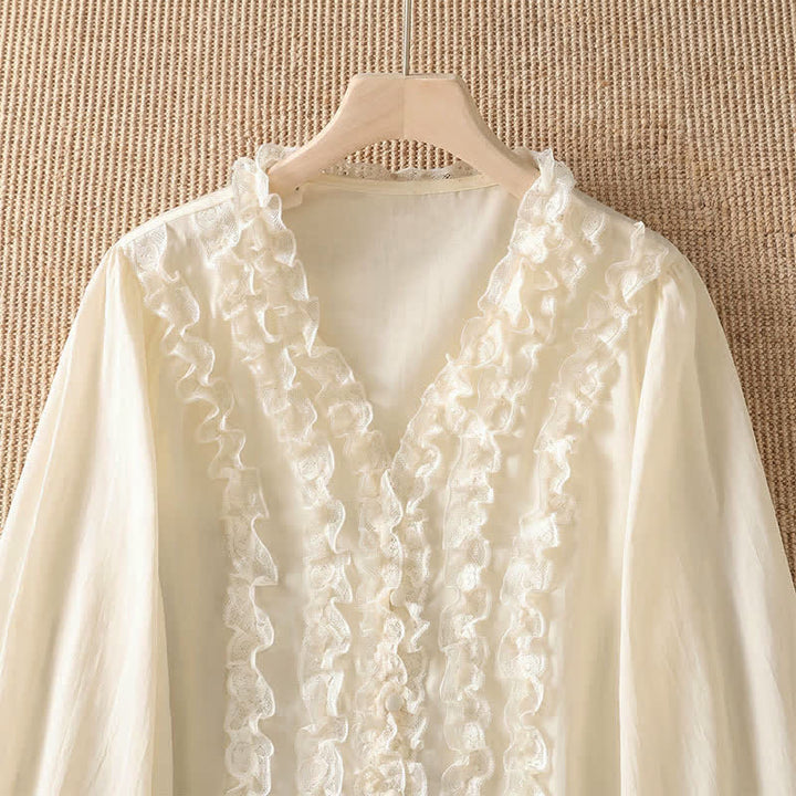 Buddha Stones Camicia da donna estiva casual ed elegante con scollo a V, maniche a tre quarti e volant, a strati. - image 17