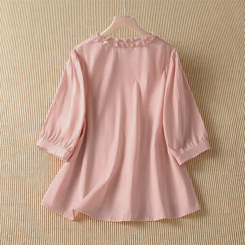 Buddha Stones Camicia da donna estiva casual ed elegante con scollo a V, maniche a tre quarti e volant, a strati. - image 1