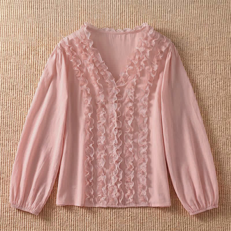 Buddha Stones Camicia da donna estiva casual ed elegante con scollo a V, maniche a tre quarti e volant, a strati. - image 2