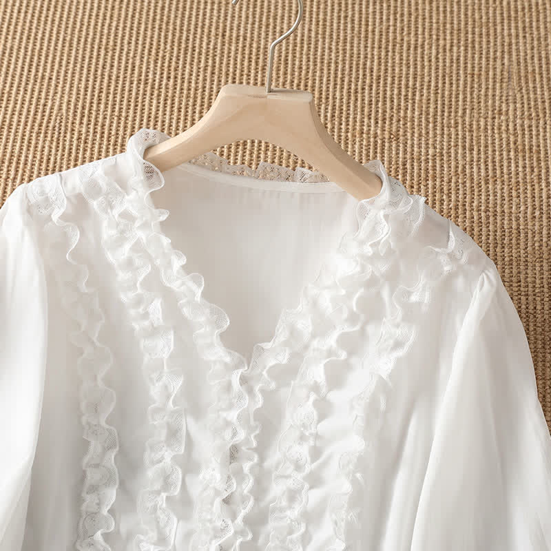 Buddha Stones Camicia da donna estiva casual ed elegante con scollo a V, maniche a tre quarti e volant, a strati. - image 28