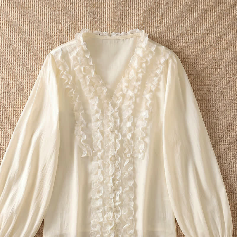Buddha Stones Camicia da donna estiva casual ed elegante con scollo a V, maniche a tre quarti e volant, a strati. - image 19
