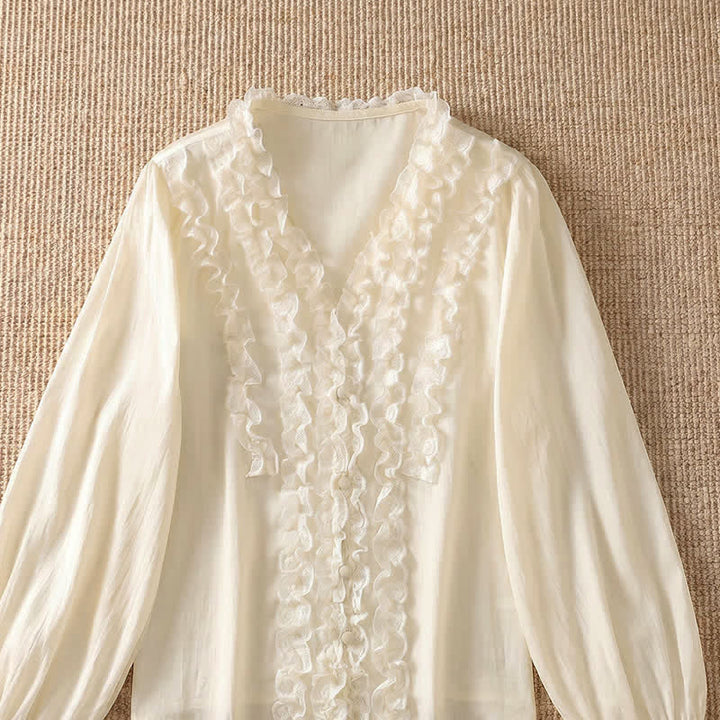 Buddha Stones Camicia da donna estiva casual ed elegante con scollo a V, maniche a tre quarti e volant, a strati. - image 19