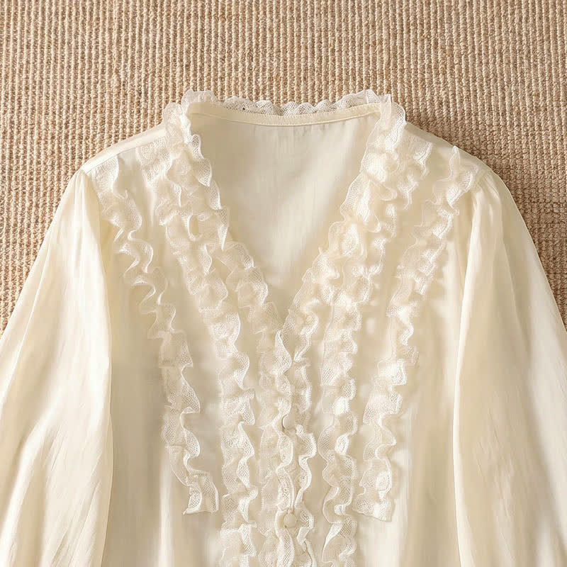 Buddha Stones Camicia da donna estiva casual ed elegante con scollo a V, maniche a tre quarti e volant, a strati. - image 18
