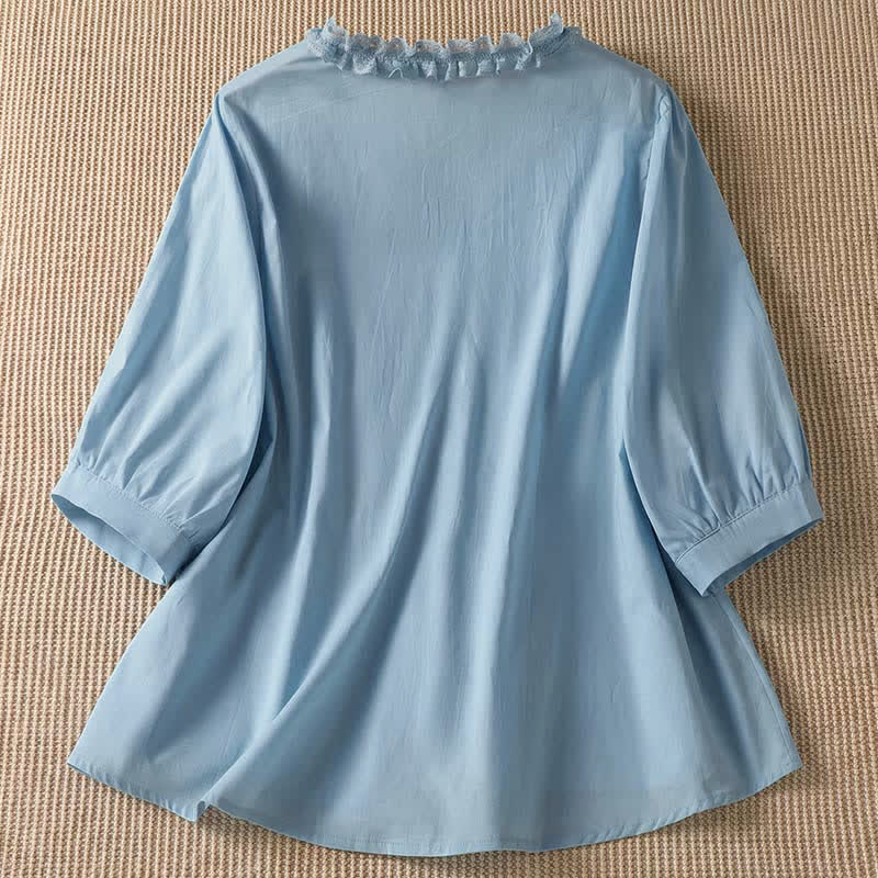Buddha Stones Camicia da donna estiva casual ed elegante con scollo a V, maniche a tre quarti e volant, a strati. - image 14